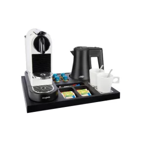 Siesta tray with 0,5L black kettle and 2 white cups