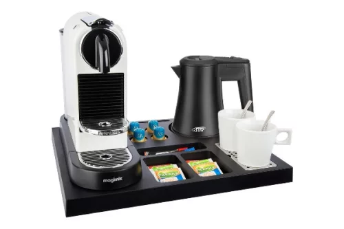 Siesta tray with 0,5L black kettle and 2 white cups