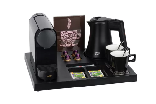 Siesta tray with 0,5L black kettle and 2 black cups