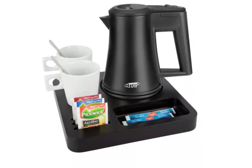 Slim tray with 0,5L black kettle and 2 white cups