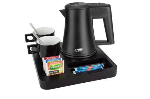 Slim tray with 0,5L black kettle and 2 black cups