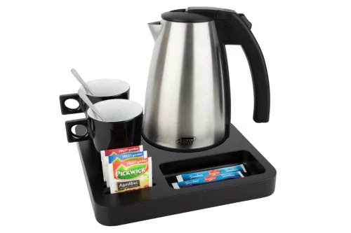 Slim tray with 1L kettle and 2 black cups