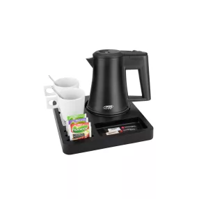 Square tray with 0,5L black kettle and 2 white cups