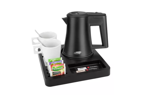 Square tray with 0,5L black kettle and 2 white cups