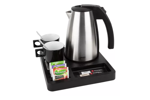 Square tray with 1L kettle and 2 black cups