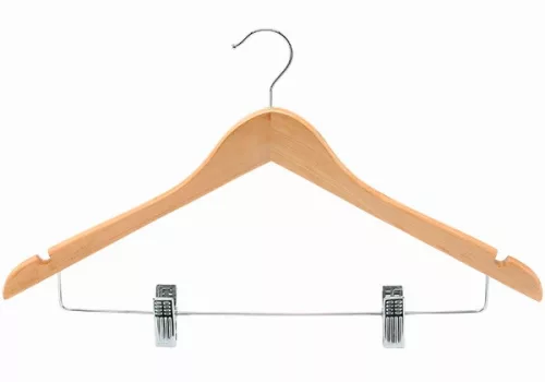 Wooden coat hanger with trouser clips